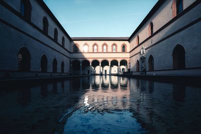 Reflection of buildings in swimming pool