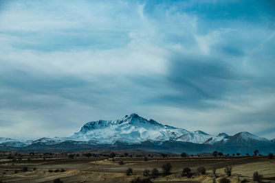 Scenic view of snowcapped mountains against sky