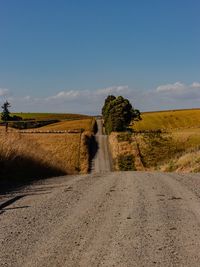 Dirt road amidst field against sky