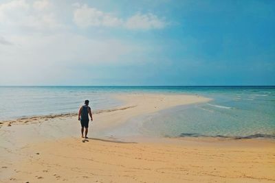 Rear view of man walking on beach