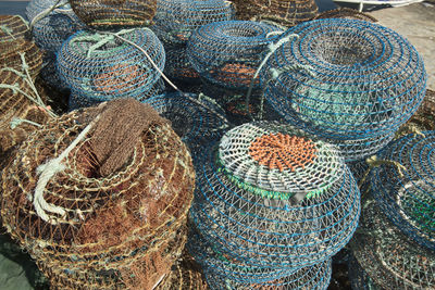 High angle view of crab pots at harbor