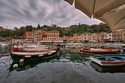 Boats moored at harbor