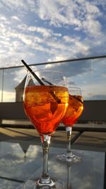 Close-up of beer in glass against sky