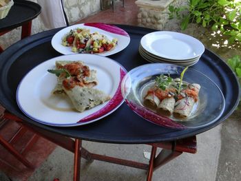 High angle view of food in plate on table