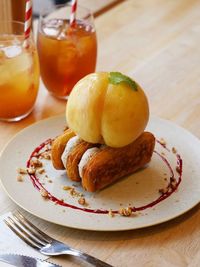 Close-up of dessert in plate on table