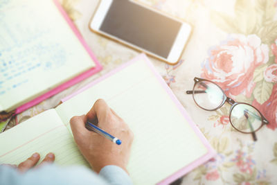 High angle view of text on book