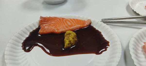 High angle view of fish in plate on table