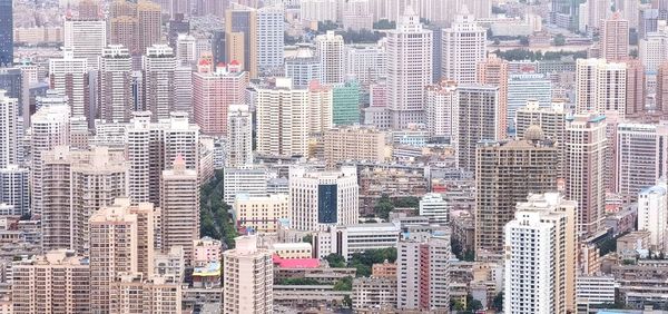 High angle view of modern buildings in city