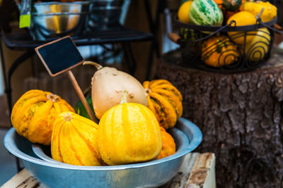 High angle view of fruits in basket on table