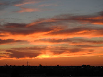 Silhouette cityscape against dramatic sky during sunset