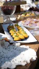 Close-up of food served on table