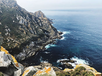 High angle view of rock formation in sea against sky