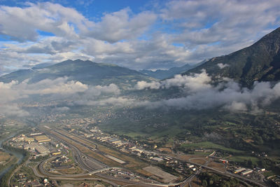 High angle view of cityscape against sky