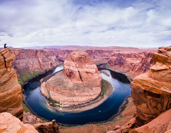 Aerial view of rock formations against cloudy sky