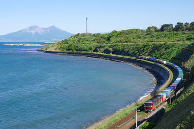 High angle view of sea against clear sky