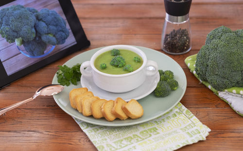 High angle view of breakfast served on table