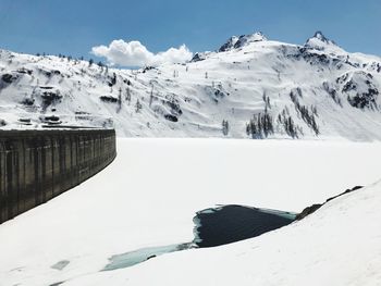 Scenic view of snow covered mountains against sky