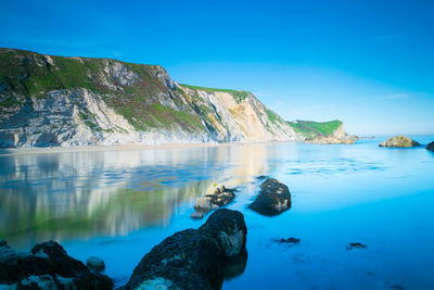 Scenic view of rocks in sea against blue sky