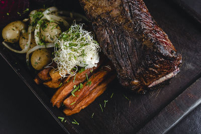 High angle view of food on barbecue grill
