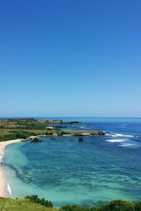 Scenic view of sea against clear blue sky