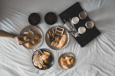 High angle view of breakfast on table