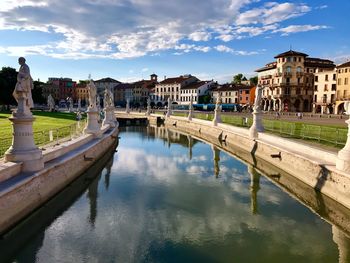 Reflection of buildings in lake against sky in city