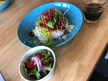 High angle view of breakfast served on table