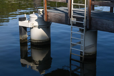 Wooden post in lake