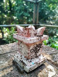 Close-up of rusty metal on tree in field