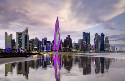 Beautiful doha skyline view from corniche beach