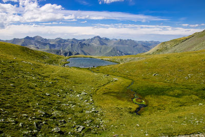 Scenic view of lake and mountains against sky