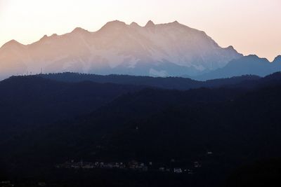 Scenic view of mountains against sky at sunset