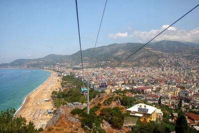 High angle view of townscape by sea against sky