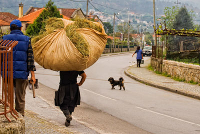 Rear view of man walking on road in city