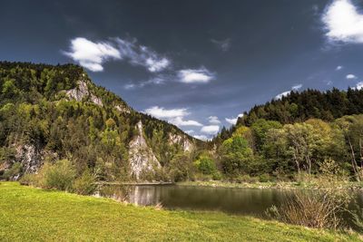 Scenic view of lake by trees against sky