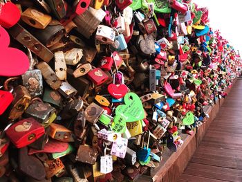 Close-up of padlocks hanging on metal