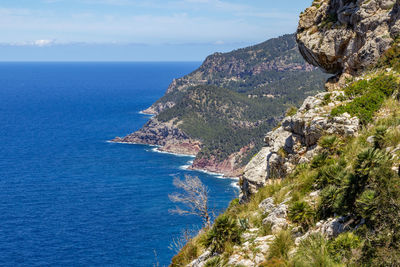 Scenic view from viewpoint mirador ricardo roco on a bay at the north coast of mallorca