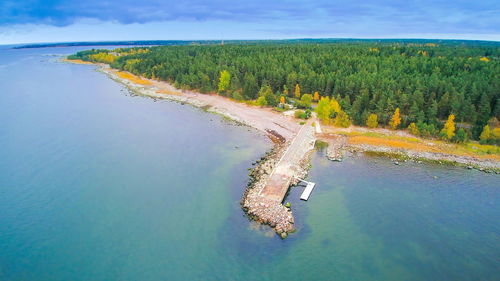 High angle view of trees on shore against sky