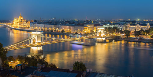 Illuminated bridge over river at night