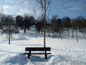 Bench on snow covered landscape against sky