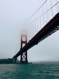 Golden gate bridge over san francisco bay in foggy weather against sky