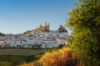 Buildings in city against clear blue sky