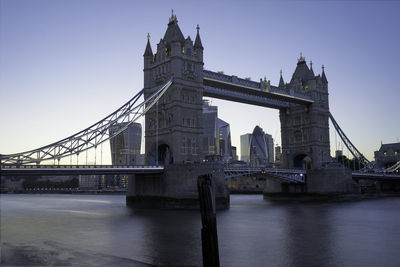 Bridge over river with city in background