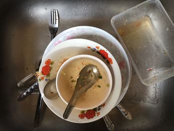 High angle view of breakfast on table