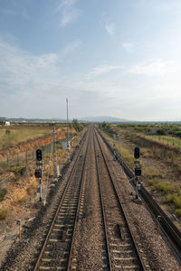 Railroad tracks on field against sky