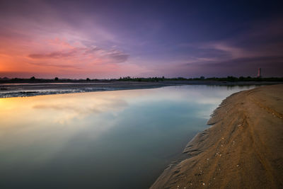 Scenic view of beach against sky during sunset