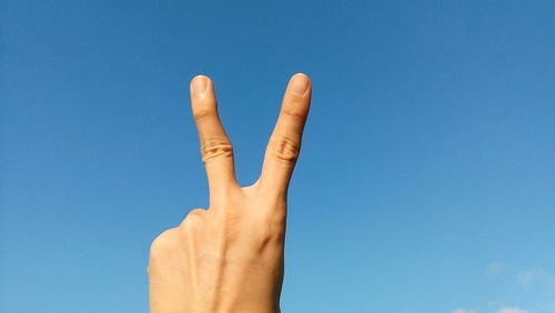 Close-up of hand showing peace sign against clear blue sky