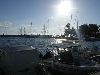 Sailboats moored at harbor