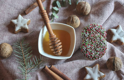 High angle view of mortar and pestle on table