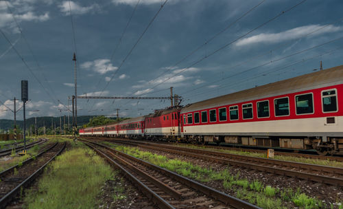 Train on railroad tracks against sky